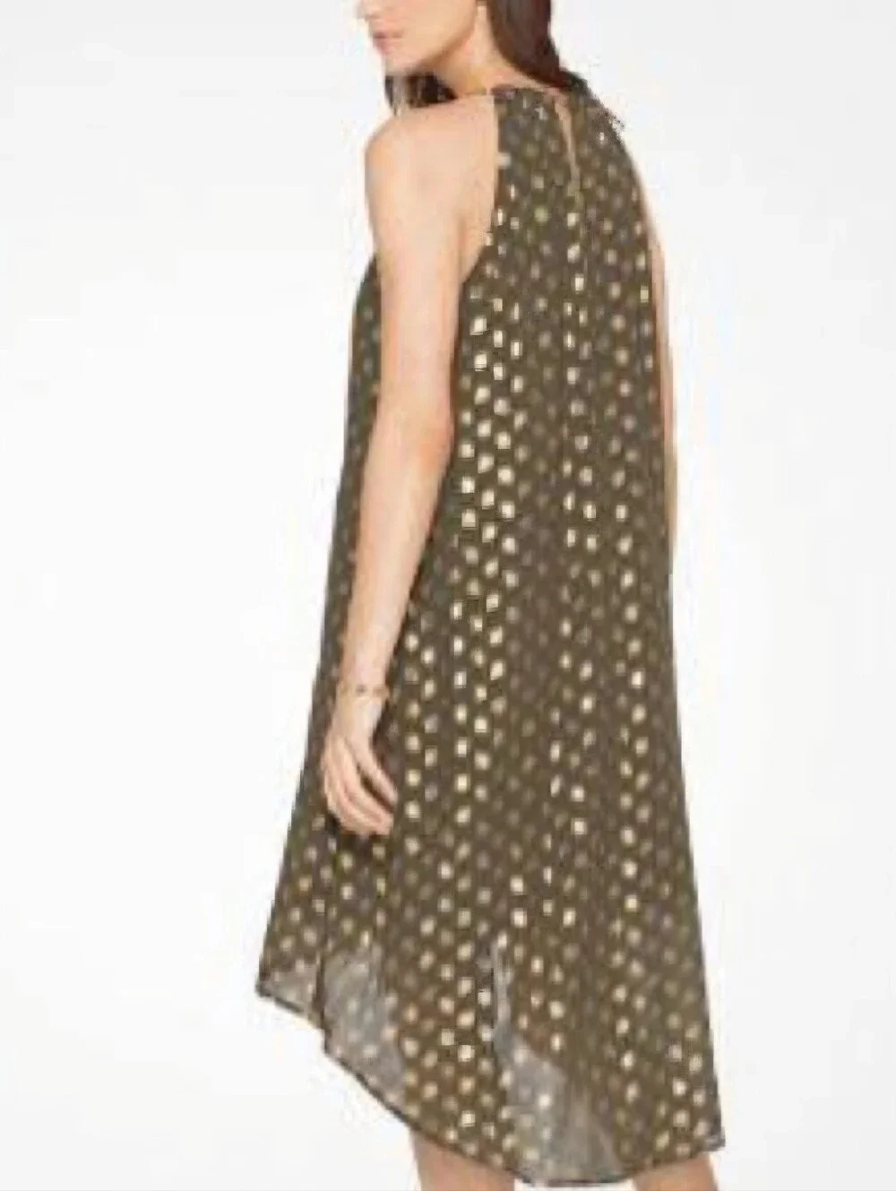 Michael Kors Halter Chain Olive Green Metallic Gold Paisley High Low Swing Dress